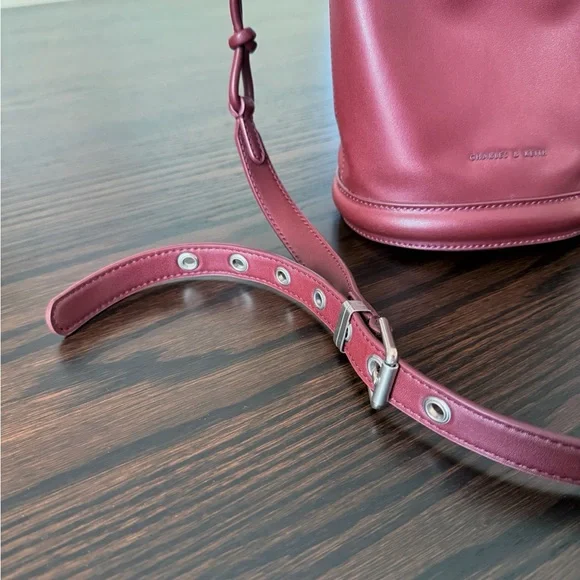 Charles & Keith Burgundy/Brown Drawstring Blossom Bucket Bag - Picture 2 of 7